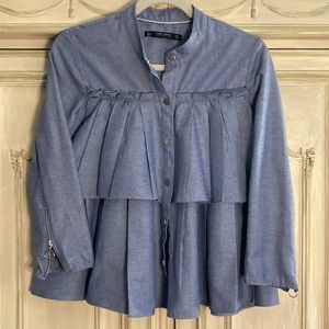 Unique Zara Ruffled Chambray Silver Button Front Jacket Top Blouse US Sz Small